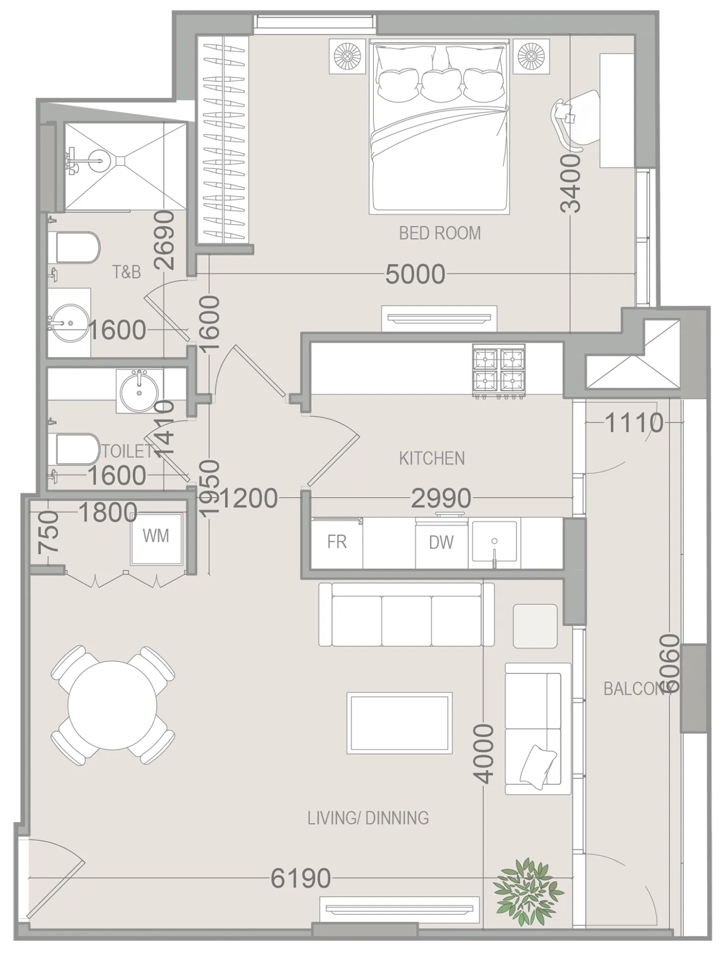 1 BR layout at EVERGR1N House 4
