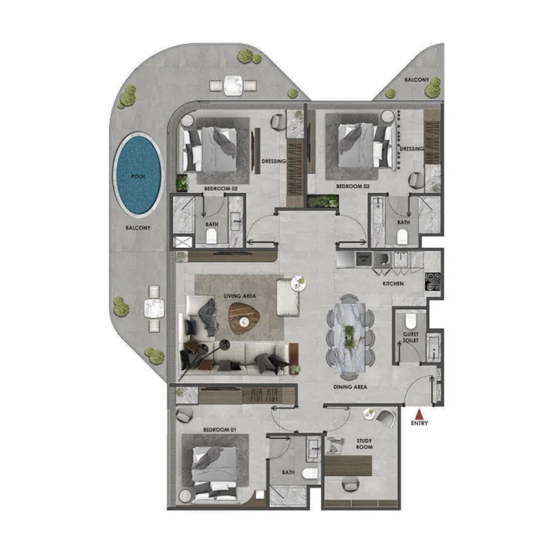 3 BR layout at Arya Residences