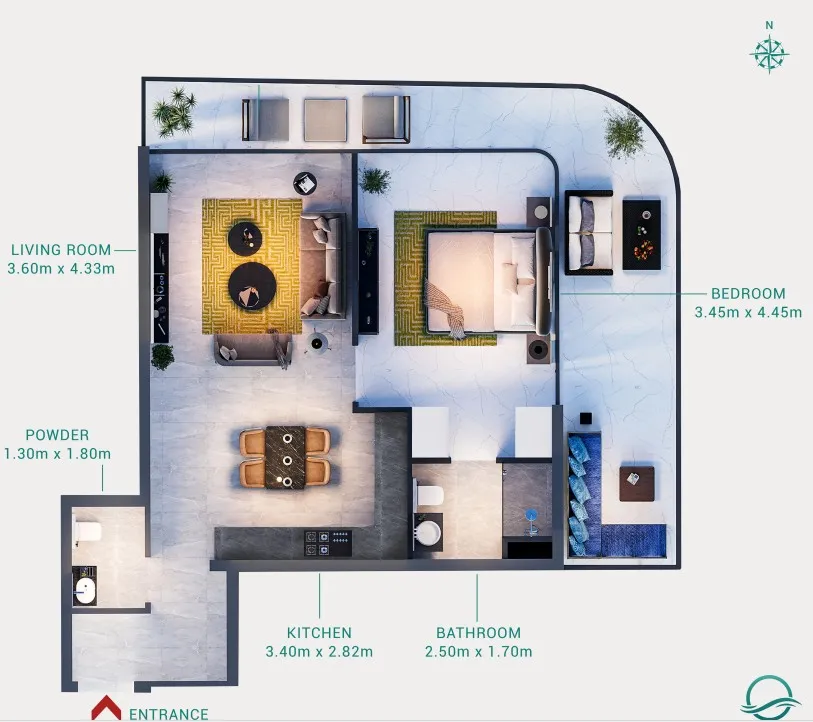 1 BR layout at Milos