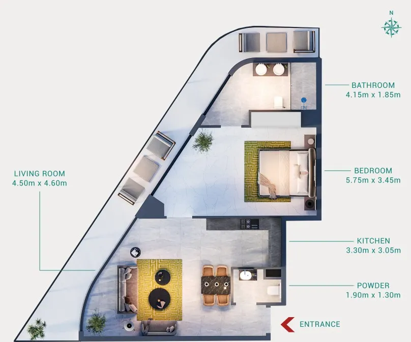 1 BR layout at Milos