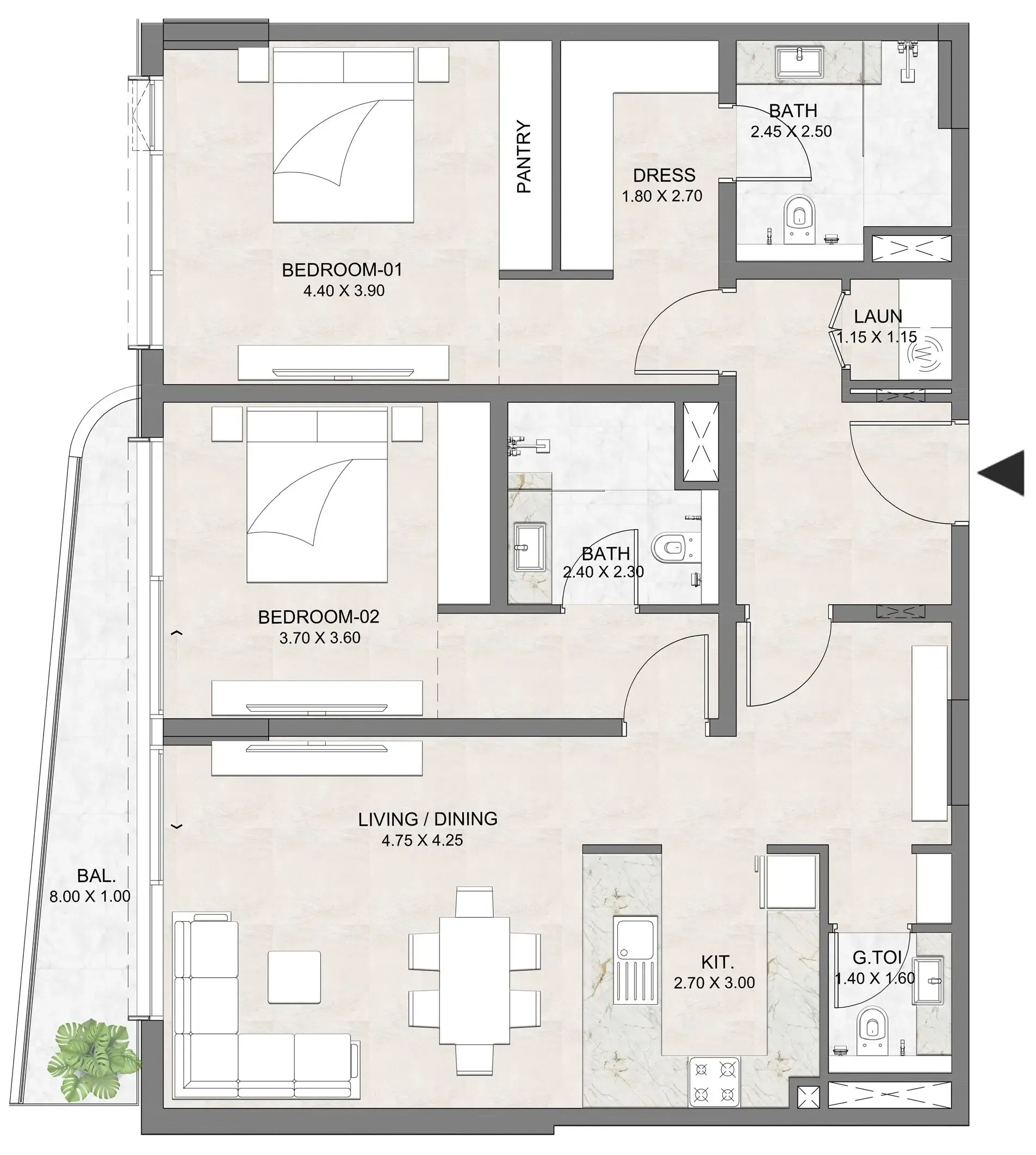 2 BR layout at Luzora Residence