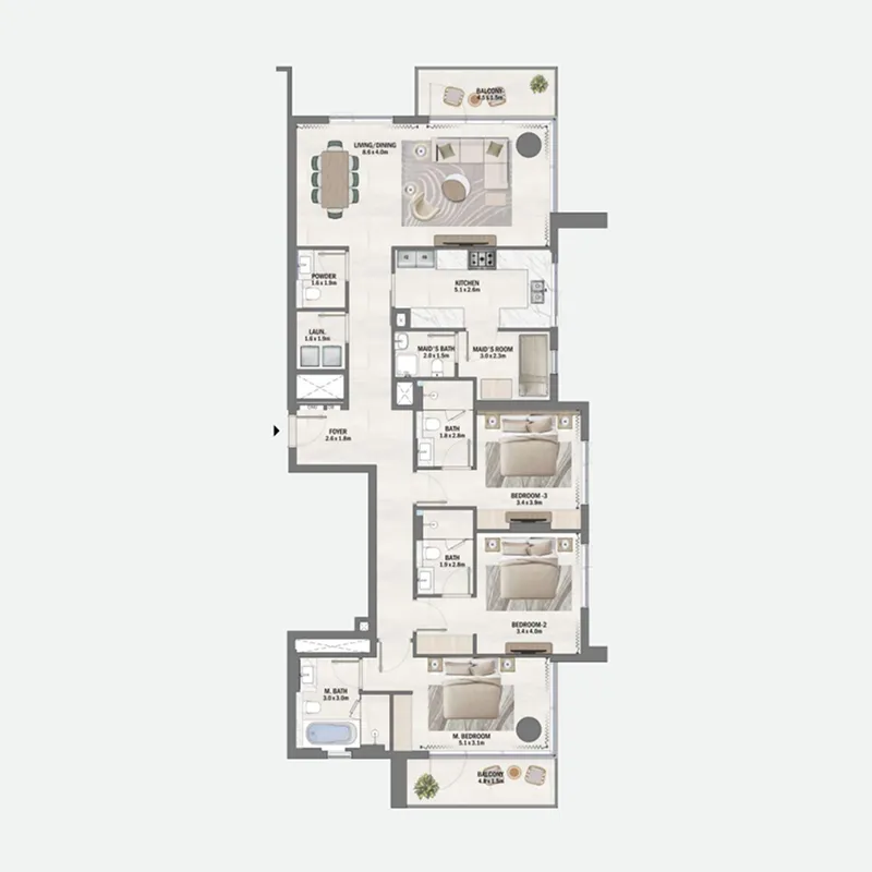 3 BR layout at Beachfront Gates