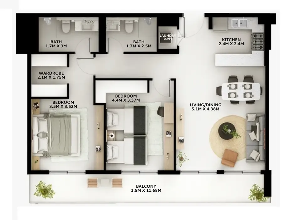 2 BR layout at Viera Residences