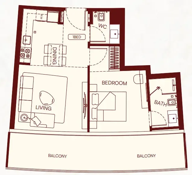 1 BR layout at Binghatti Skyflame
