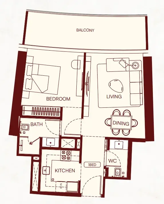 1 BR layout at Binghatti Skyflame