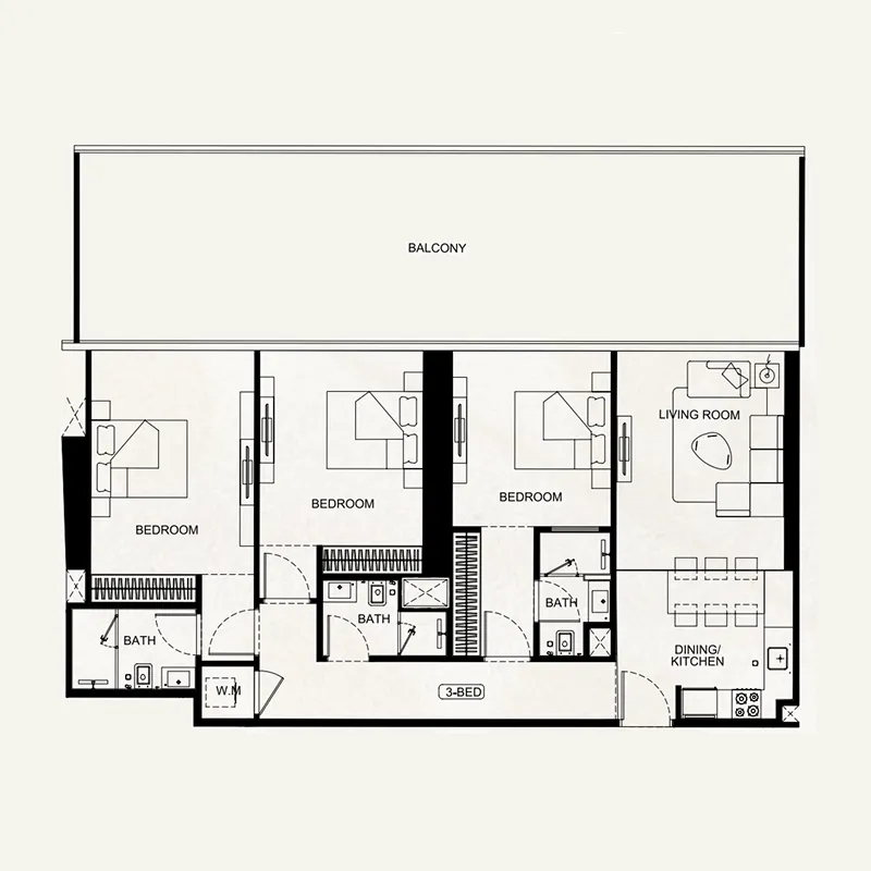 3 BR layout at Binghatti Flare