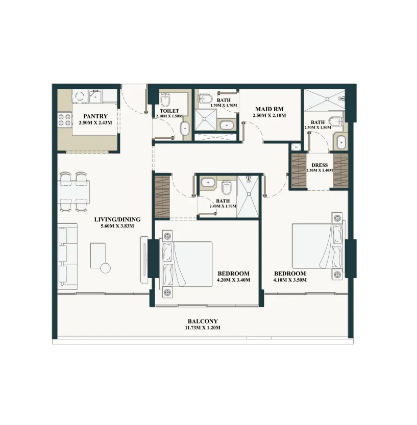 2 BR layout at Belle Vie