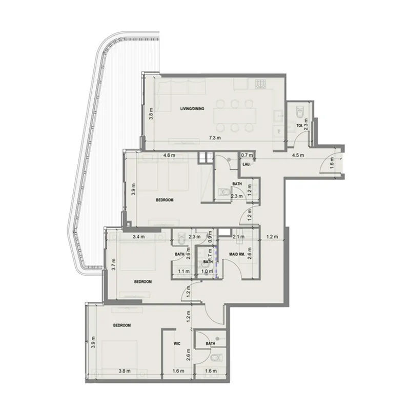 3 BR layout at Blue Marina Residence
