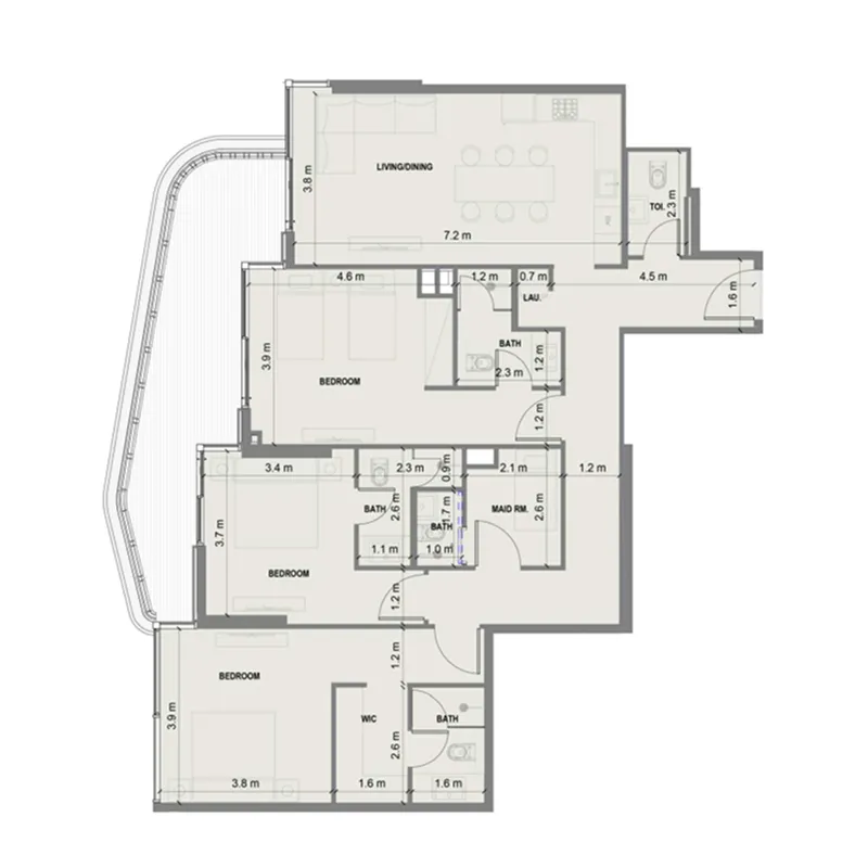3 BR layout at Blue Marina Residence