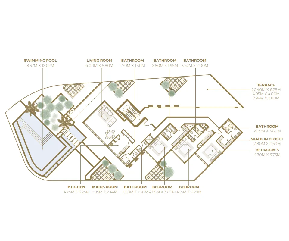 3 BR layout at Azizi Mina