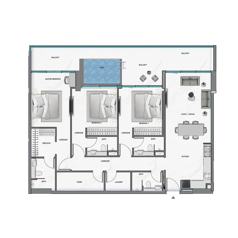 3 BR layout at Ocean Crest