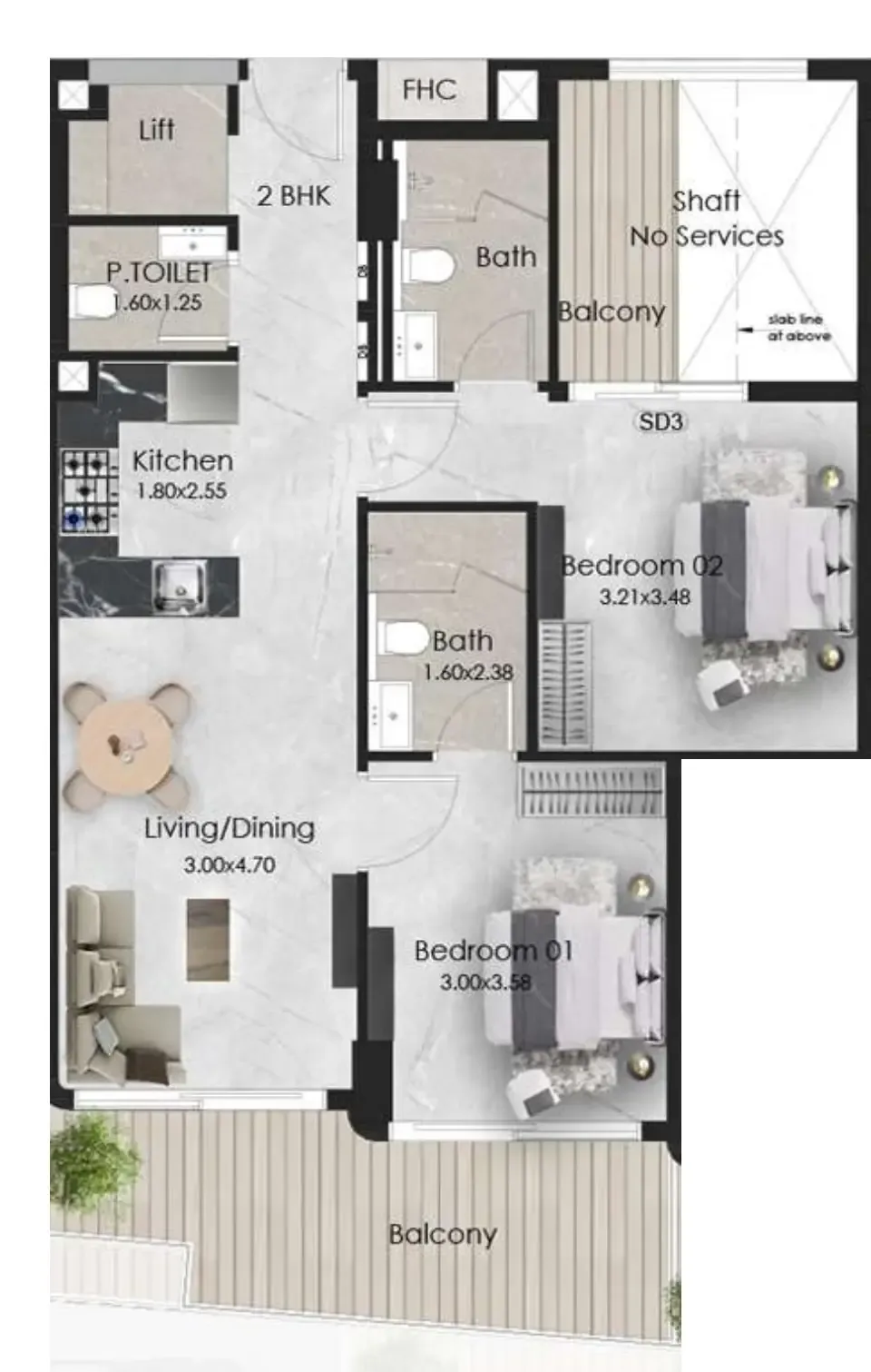2 BR layout at Aristo