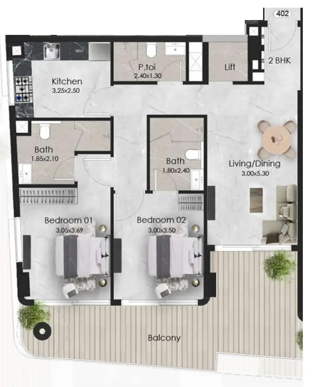 2 BR layout at Aristo