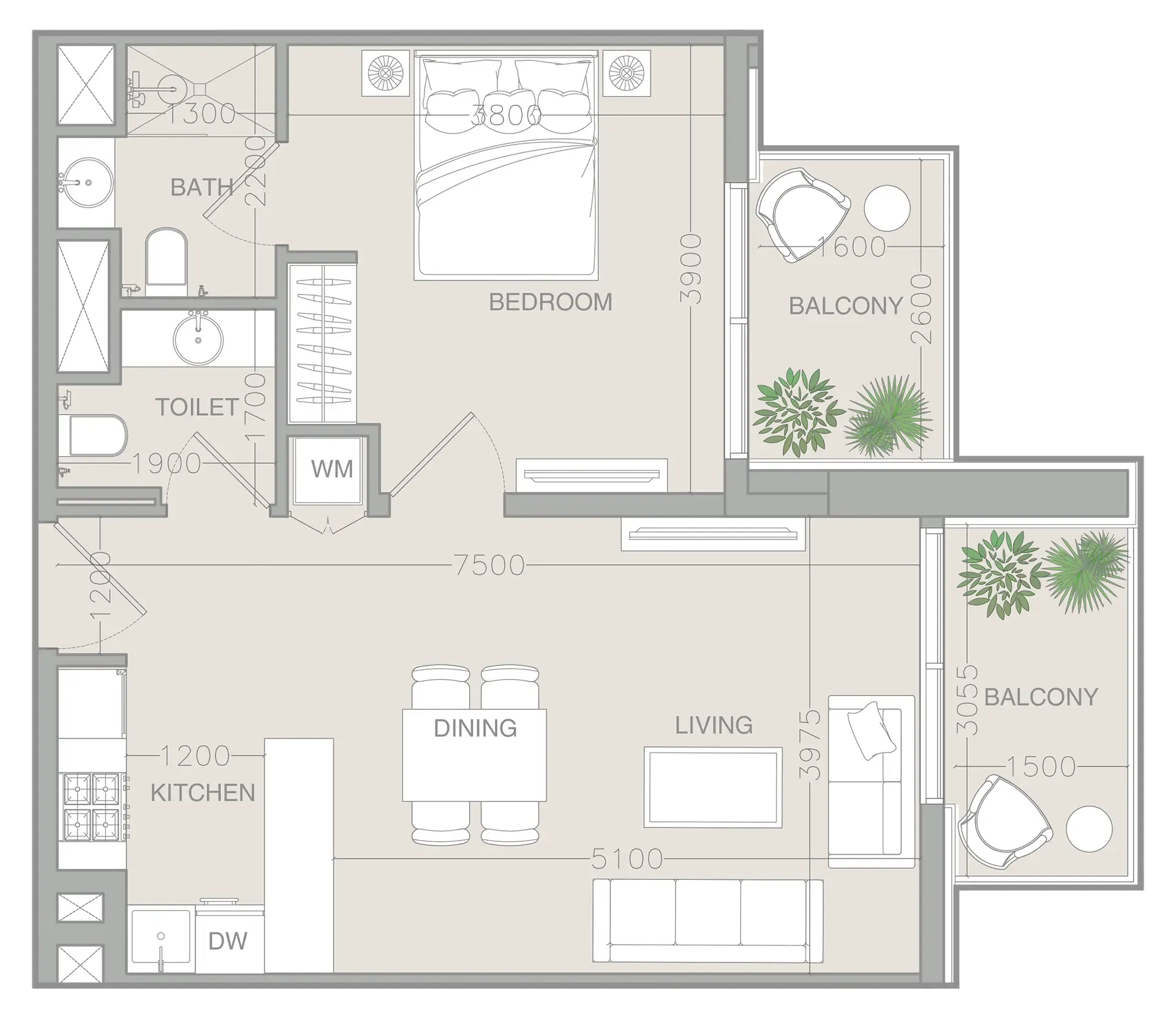 1 BR layout at ELAR1S Rise