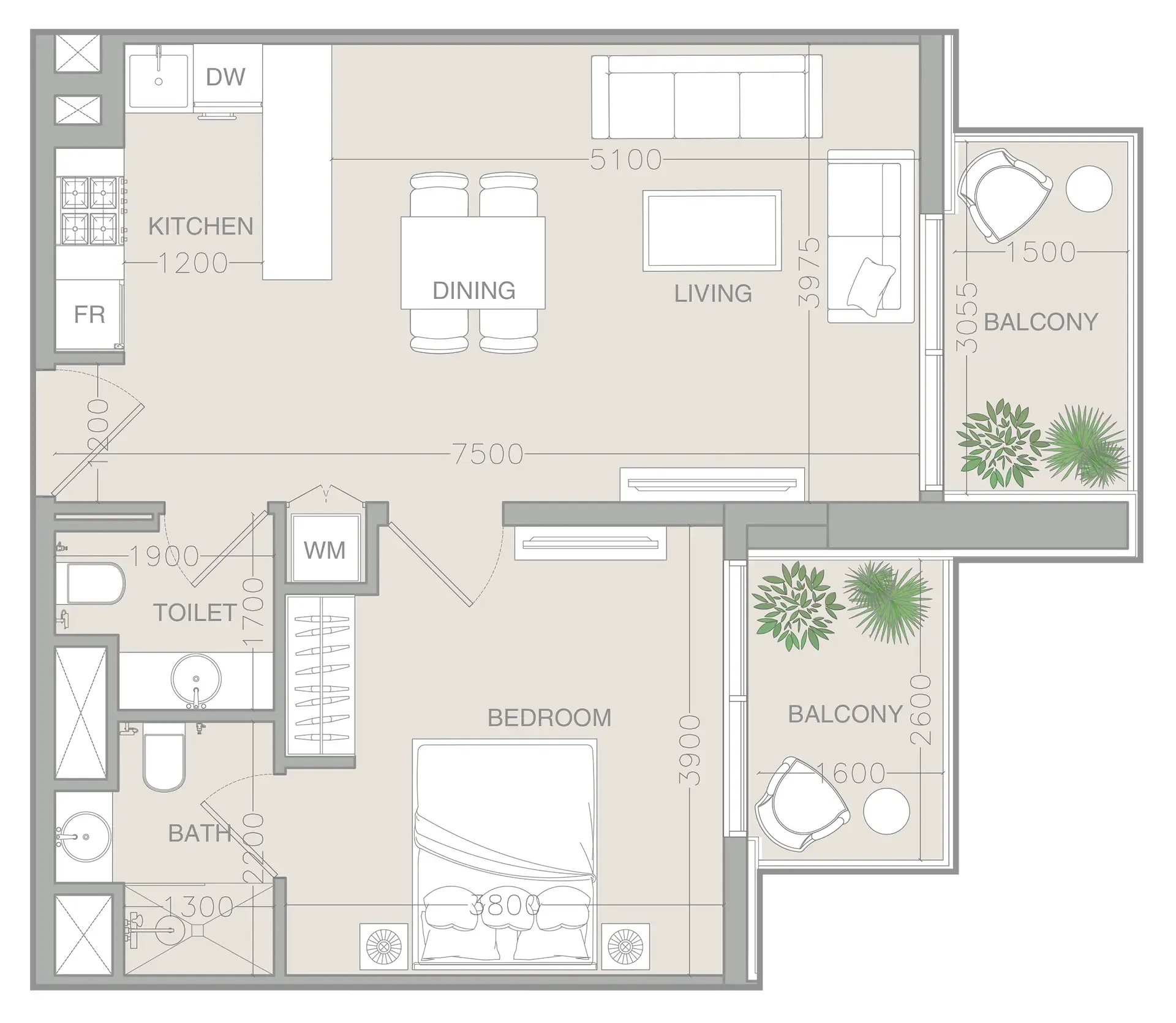 1 BR layout at ELAR1S Rise