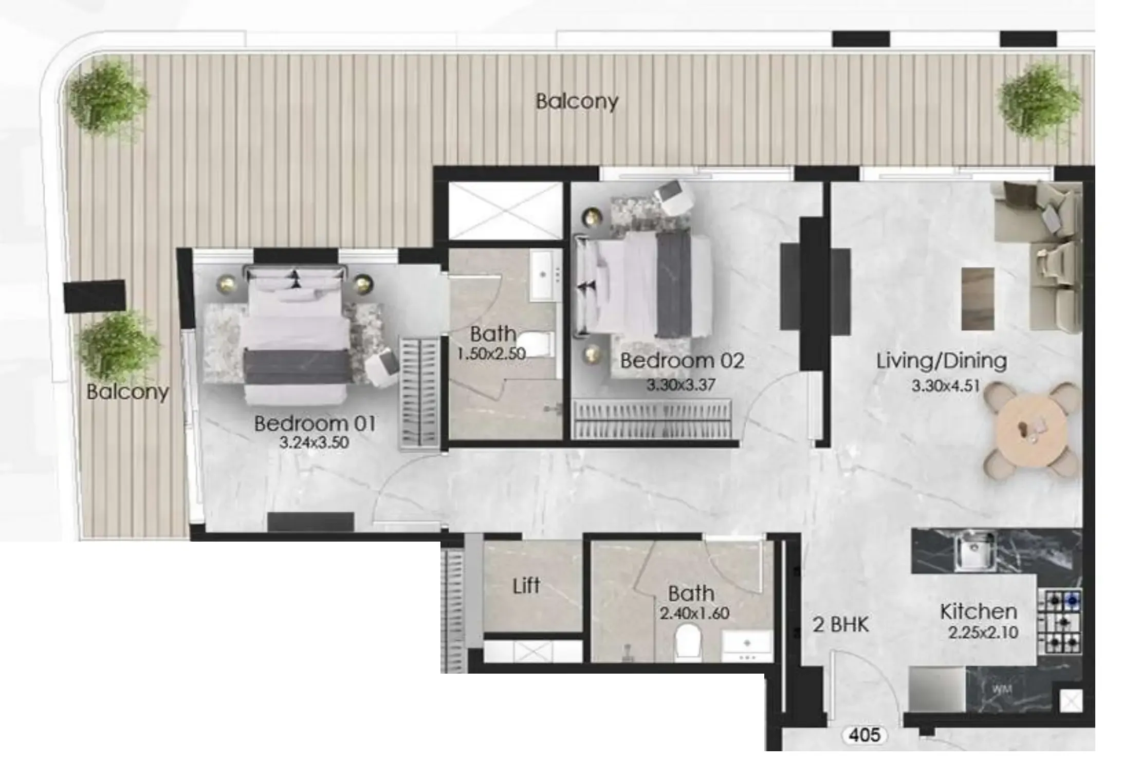 2 BR layout at Aristo