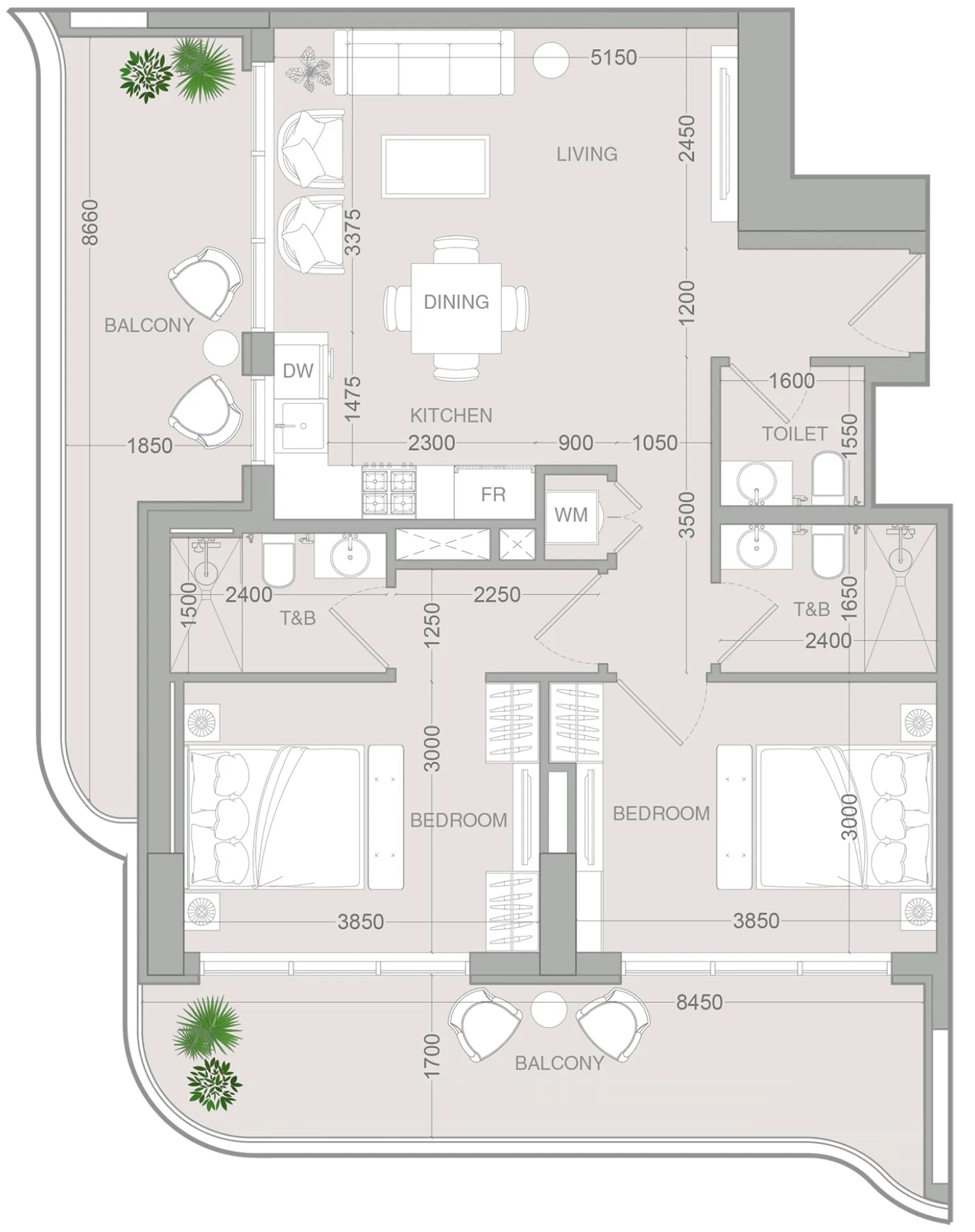 2 BR layout at ALTA V1EW
