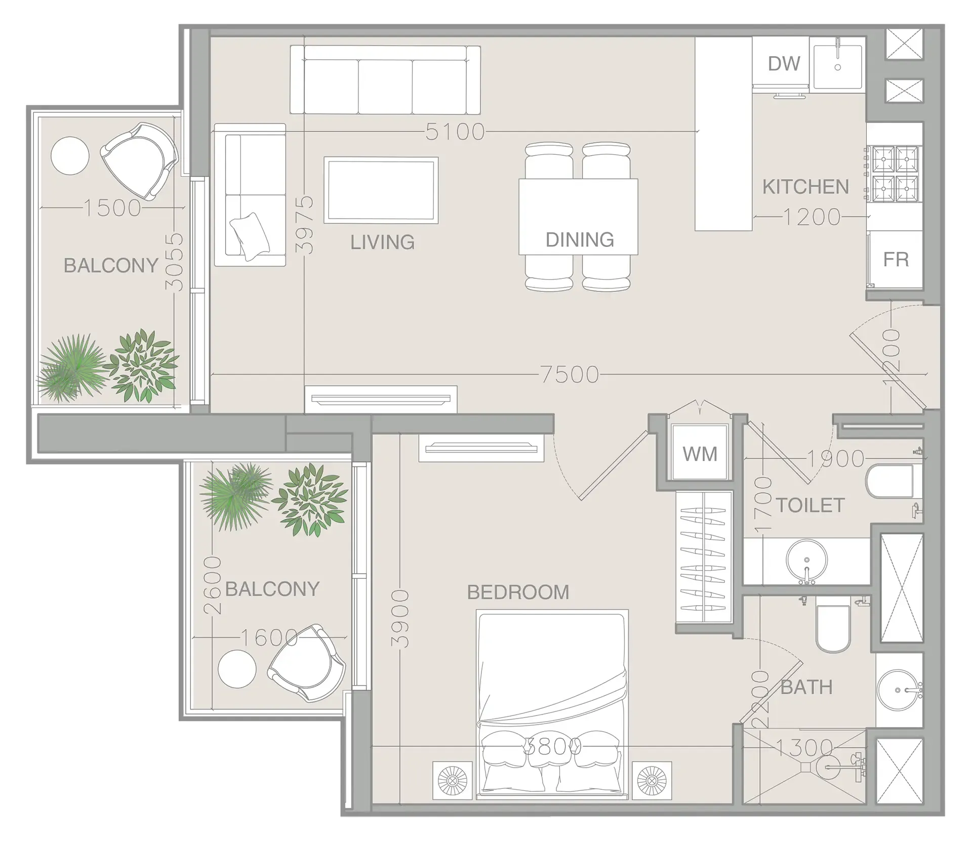 1 BR layout at ELAR1S Rise