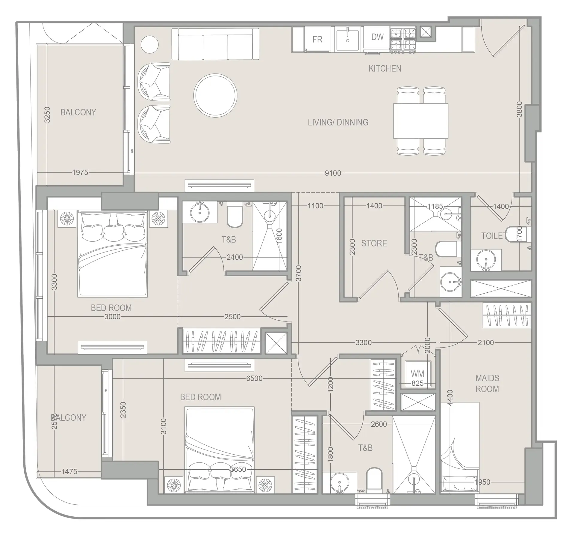 2 BR layout at FLU1D ONE