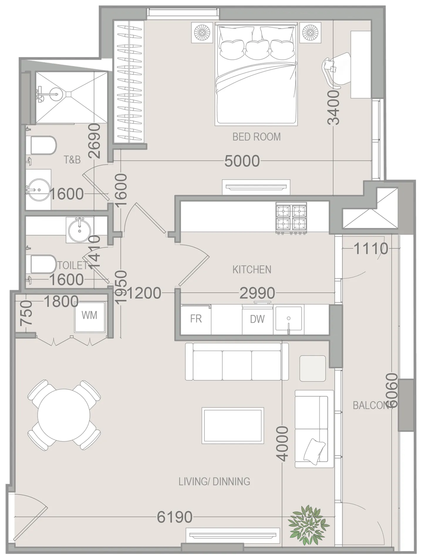 1 BR layout at EVERGR1N House 4