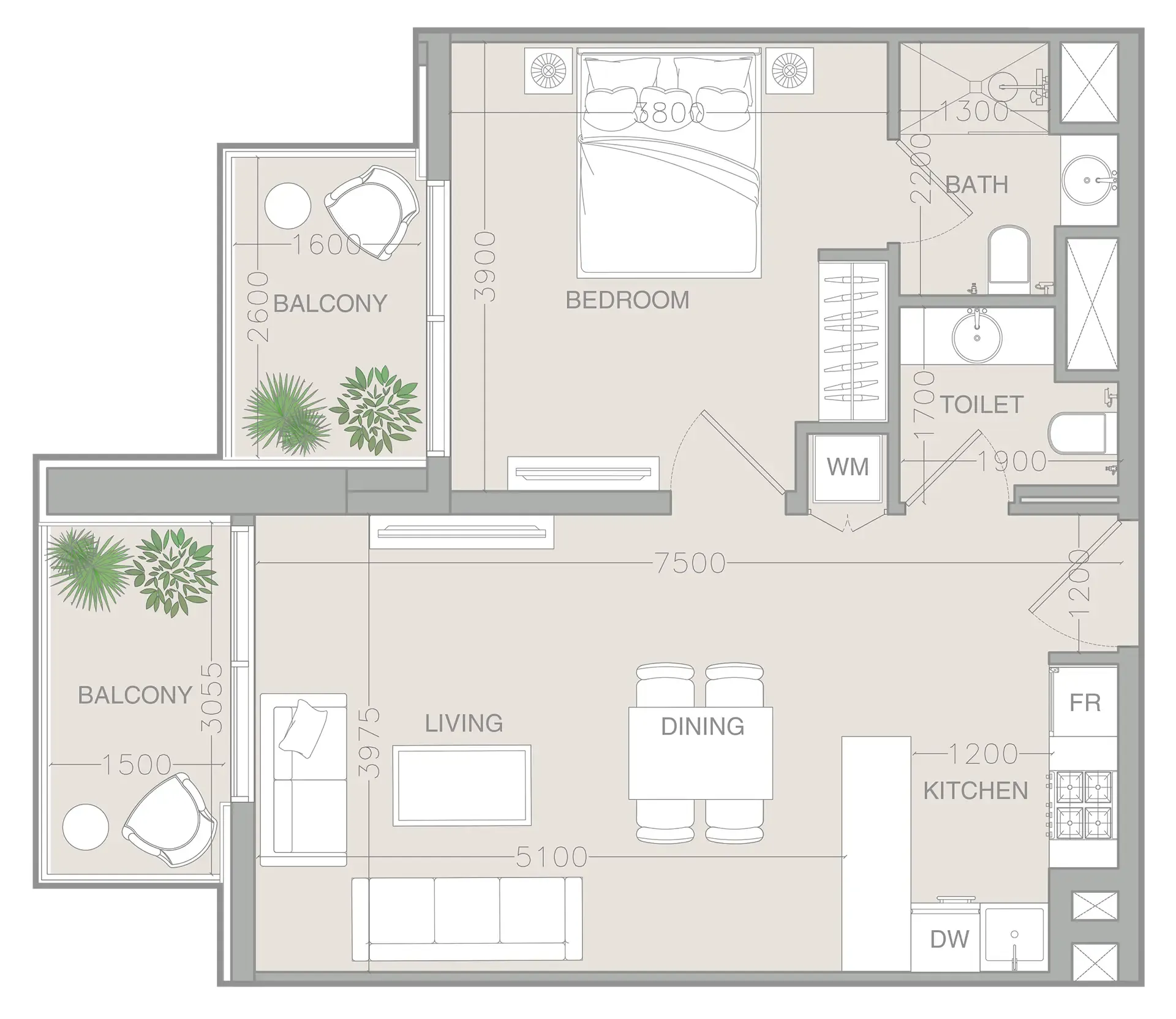 1 BR layout at ELAR1S Rise