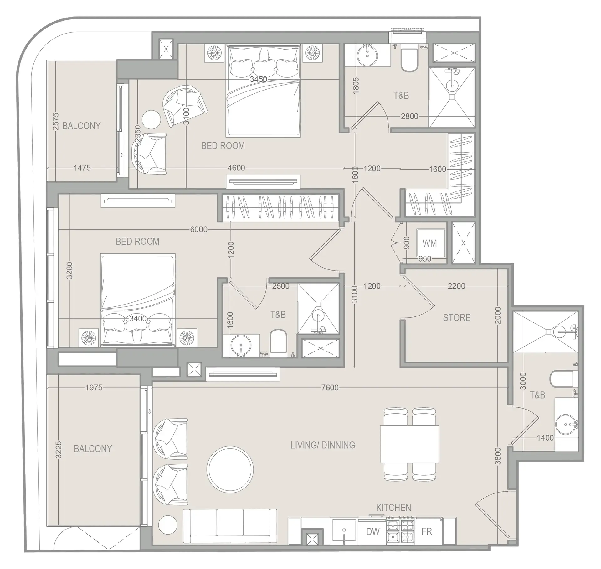 2 BR layout at FLU1D ONE