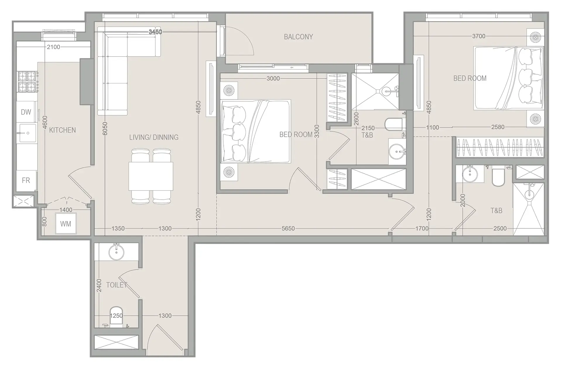 2 BR layout at FLU1D ONE