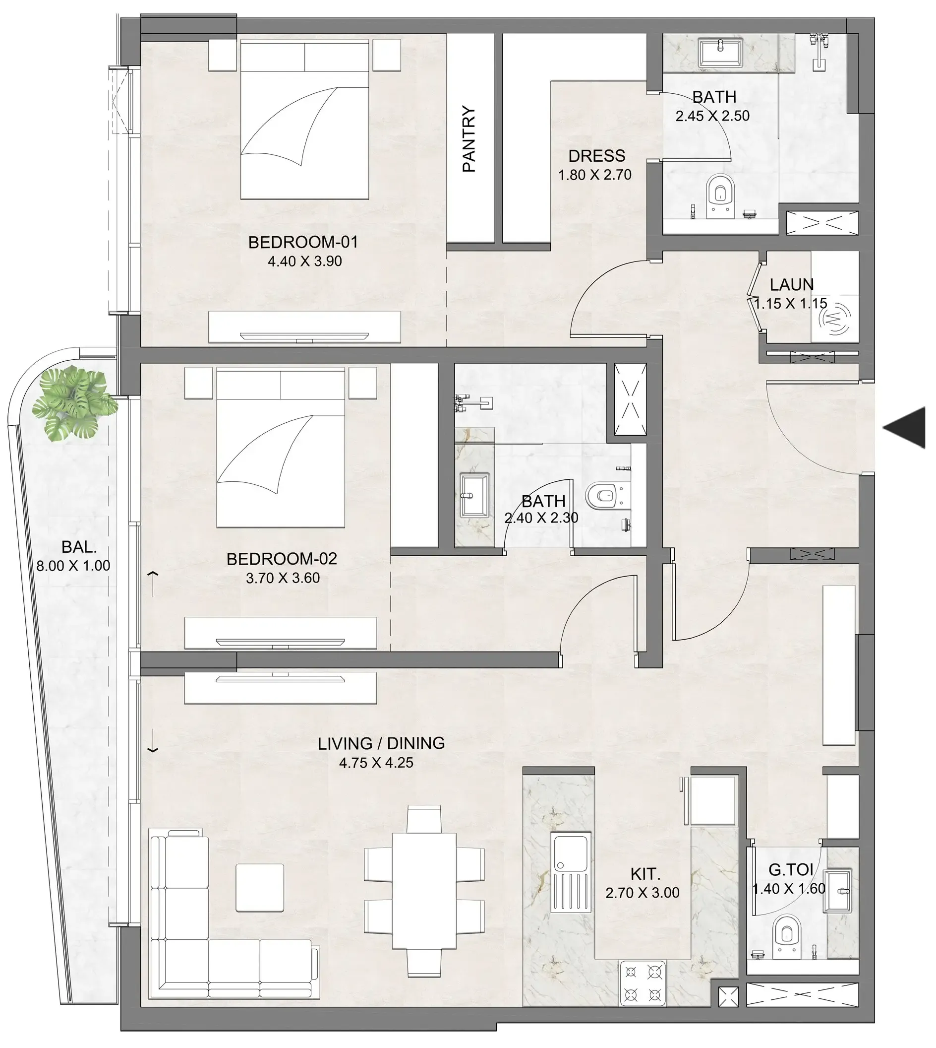 2 BR layout at Luzora Residence