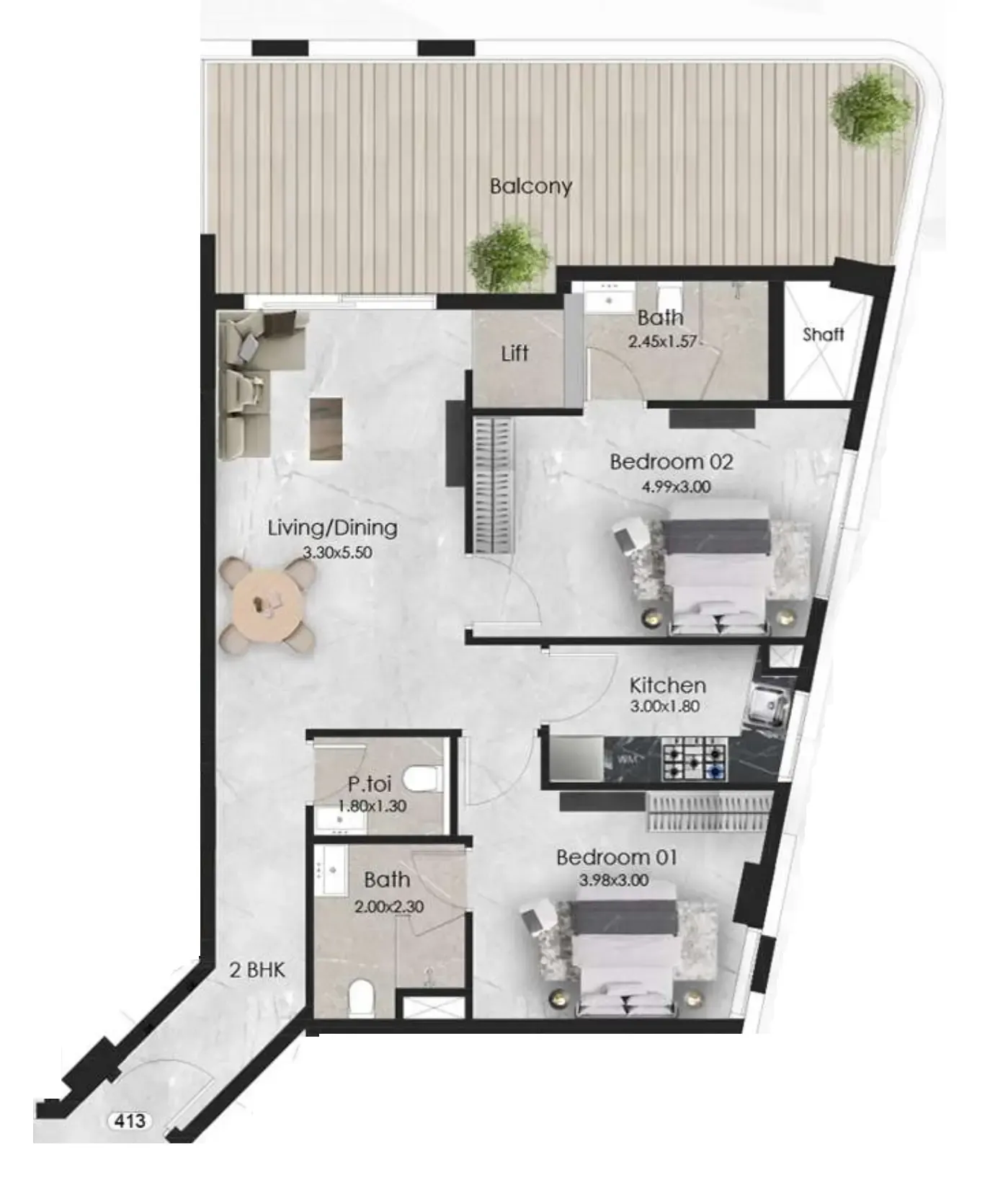 2 BR layout at Aristo