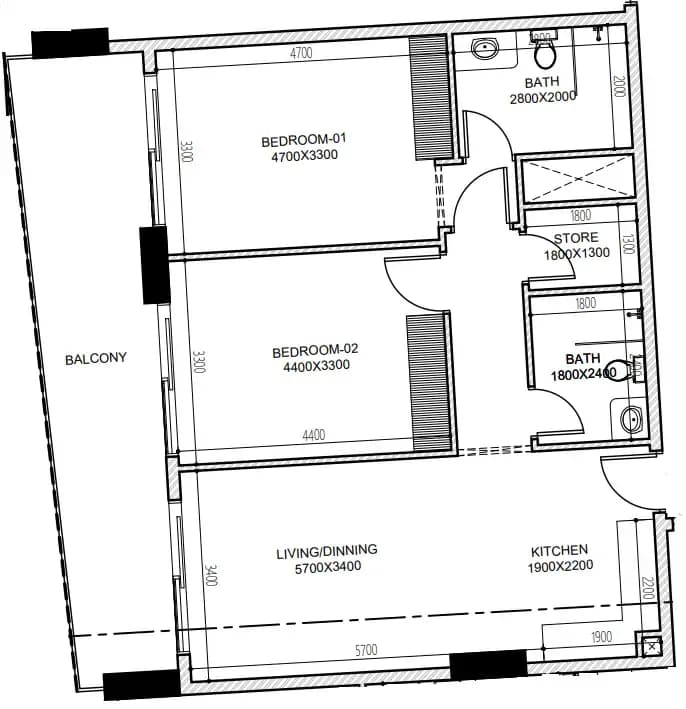 2 BR layout at Astra South