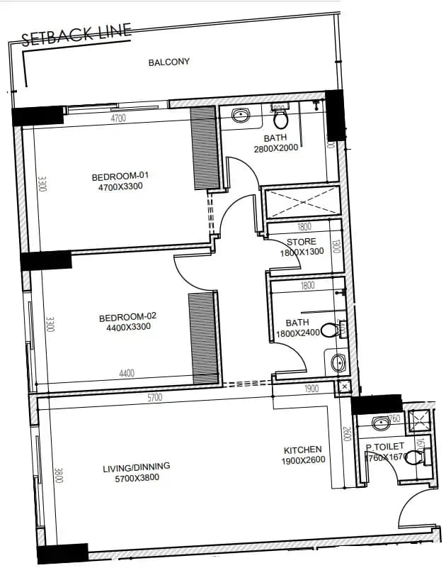 2 BR layout at Astra South