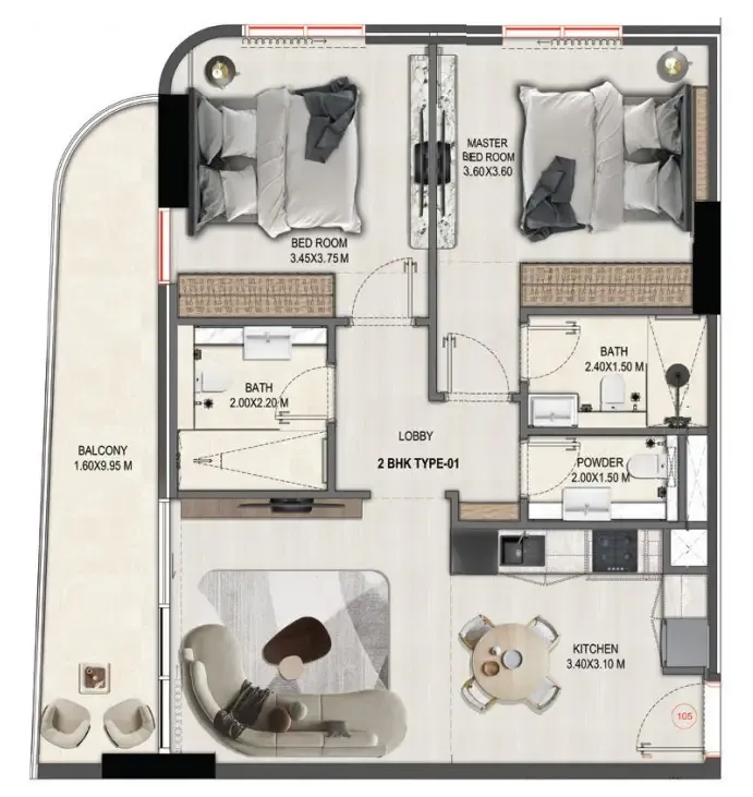 2 BR layout at Divine Elements