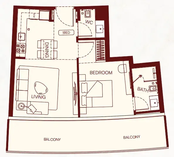 1 BR layout at Binghatti Skyflame