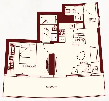 1 BR layout at Binghatti Skyflame