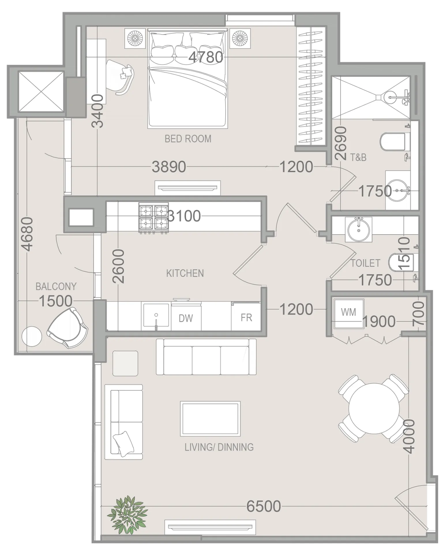 1 BR layout at EVERGR1N House 4