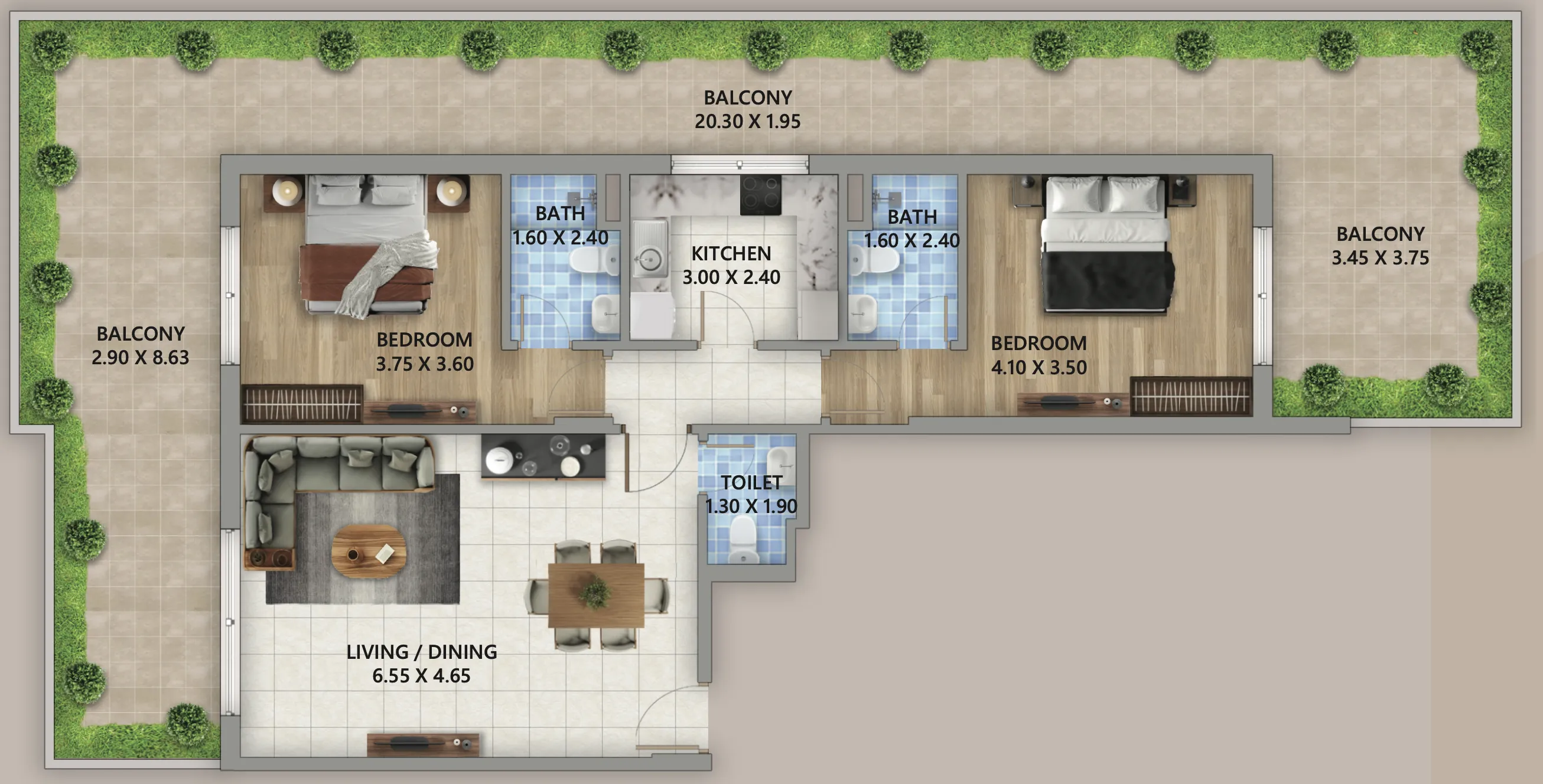 2 BR layout at Linden Residences