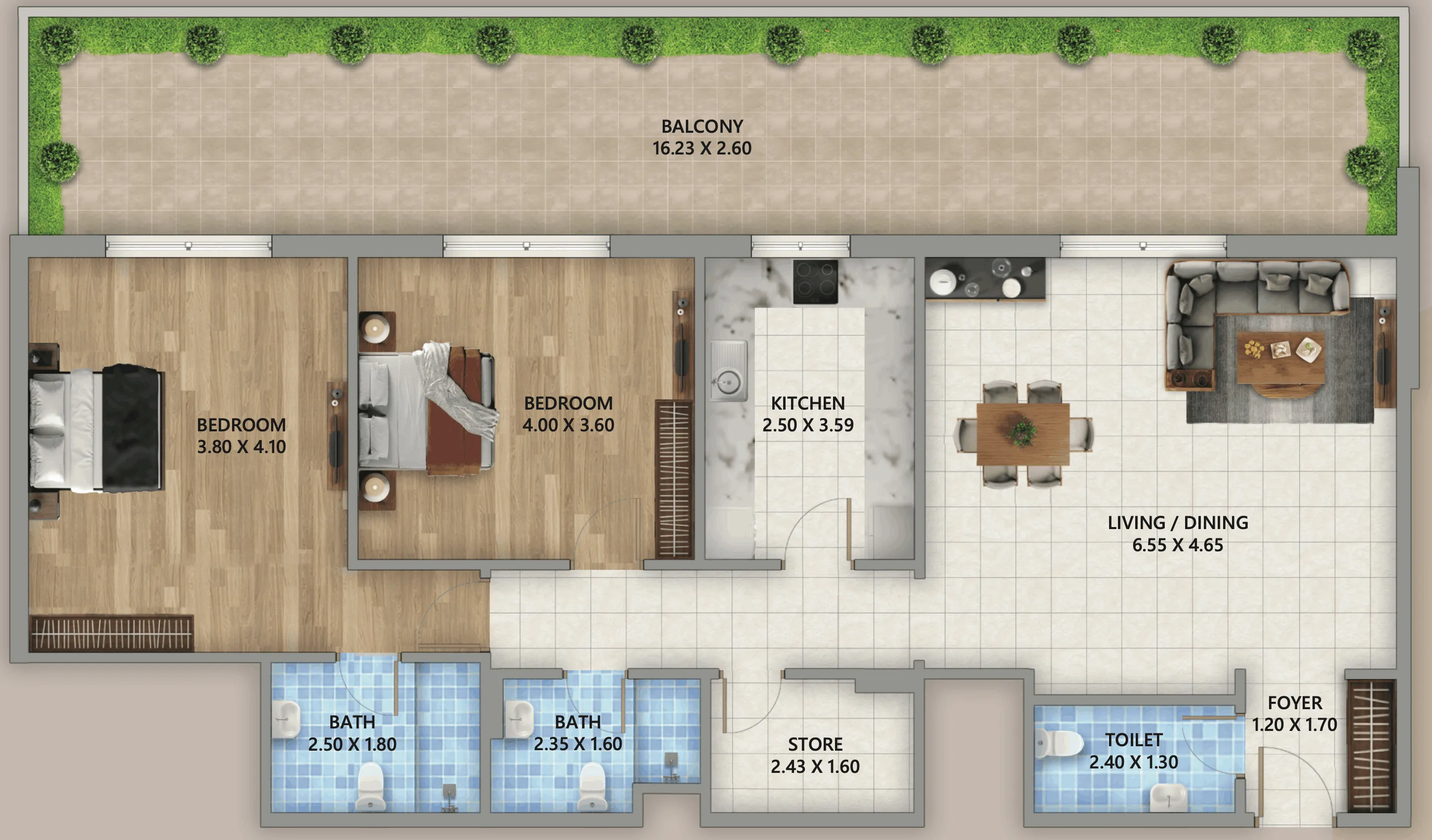 2 BR layout at Linden Residences