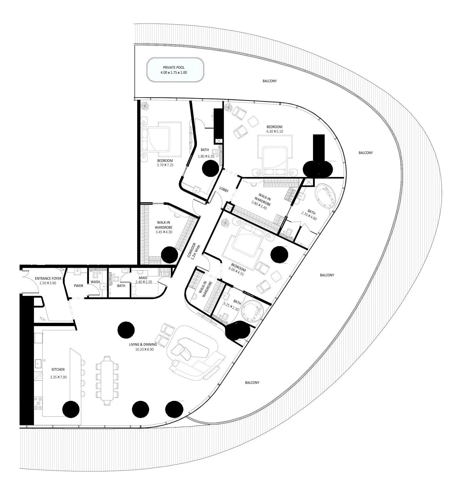 3 BR layout at Bugatti Residences by Binghatti