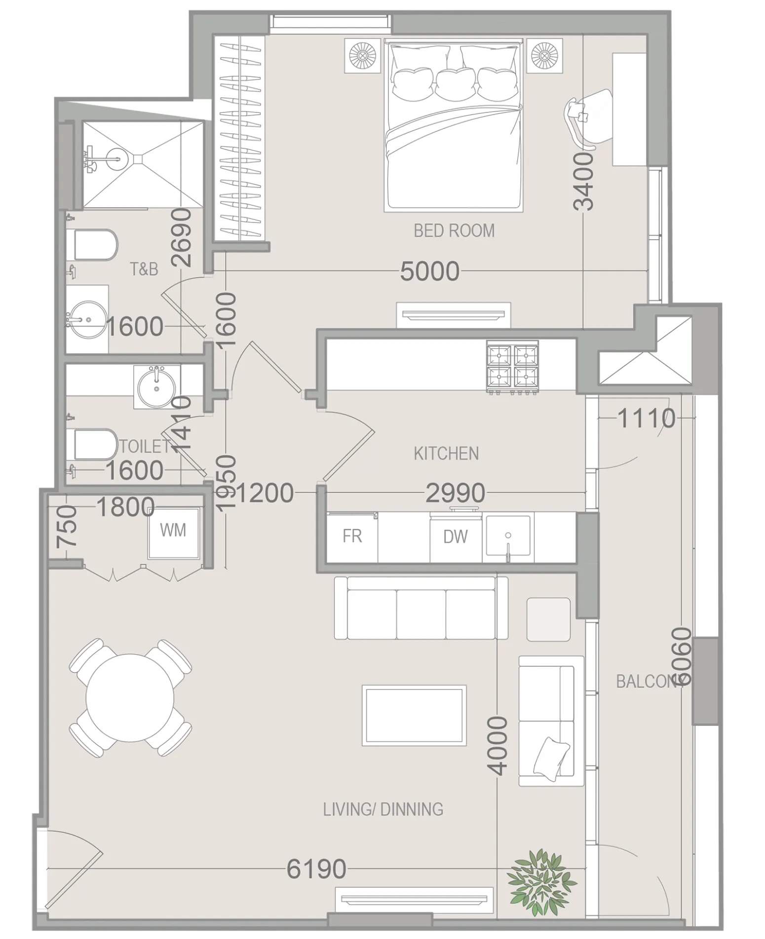 1 BR layout at EVERGR1N House 4