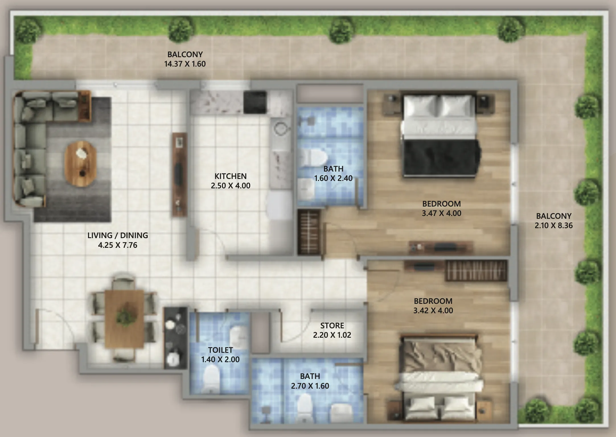 2 BR layout at Linden Residences