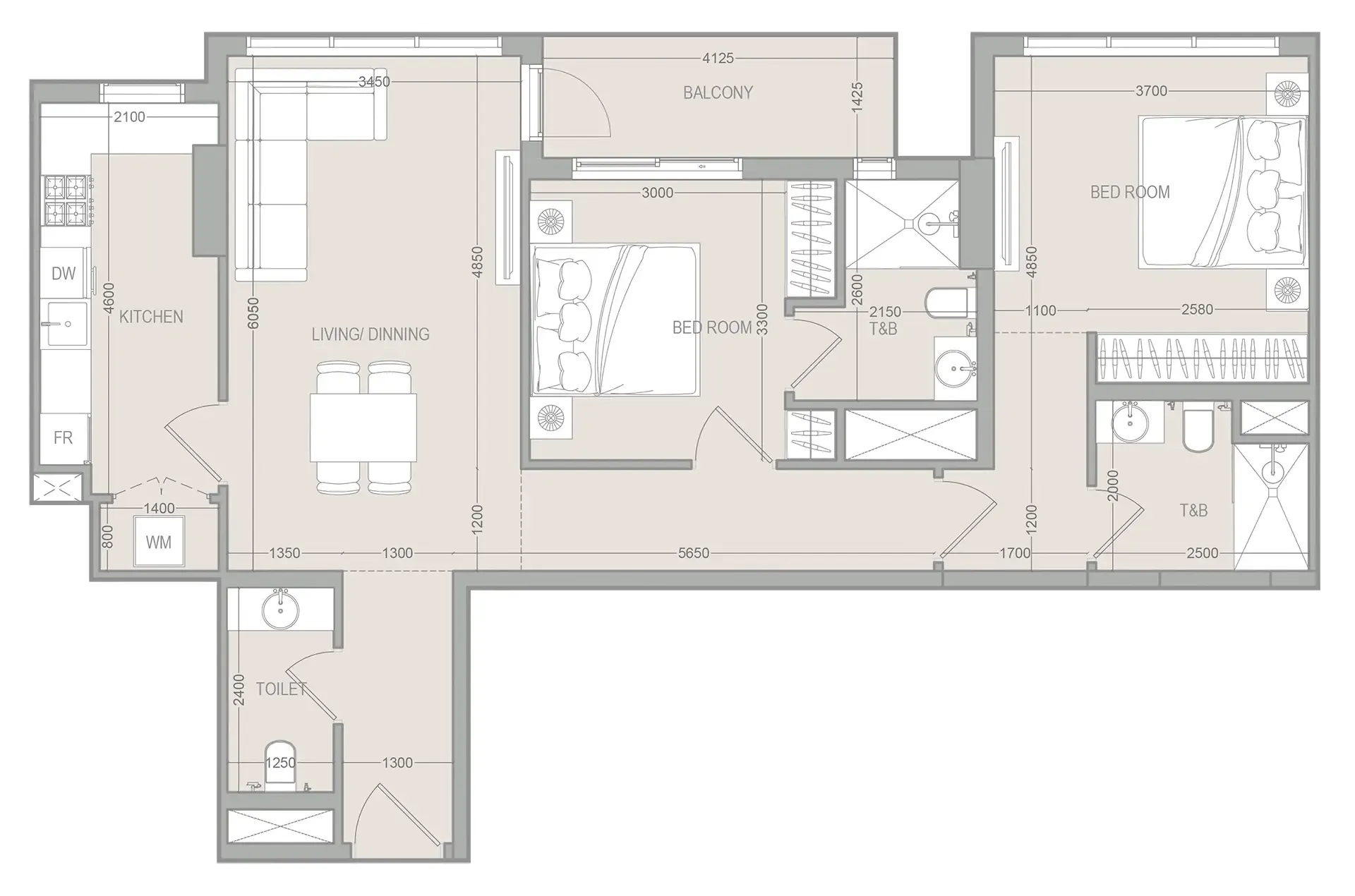 2 BR layout at FLU1D ONE