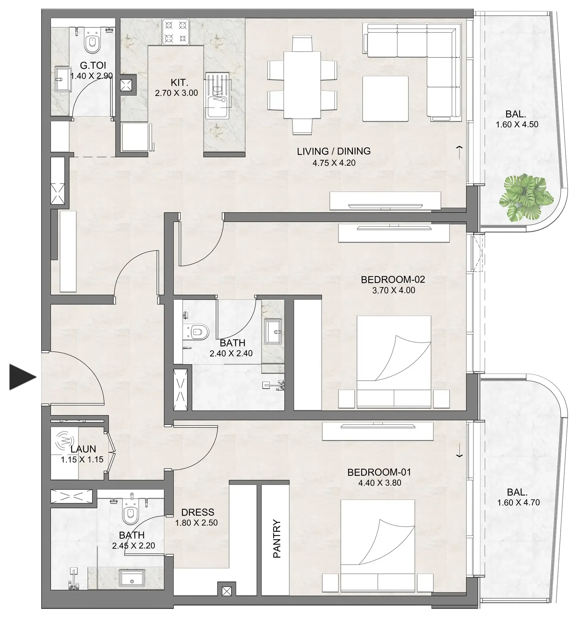2 BR layout at Luzora Residence