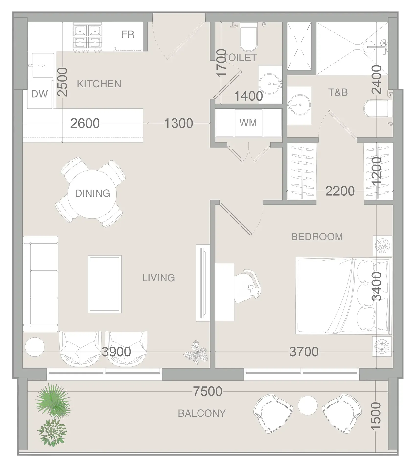 1 BR layout at VERDAN1A 3