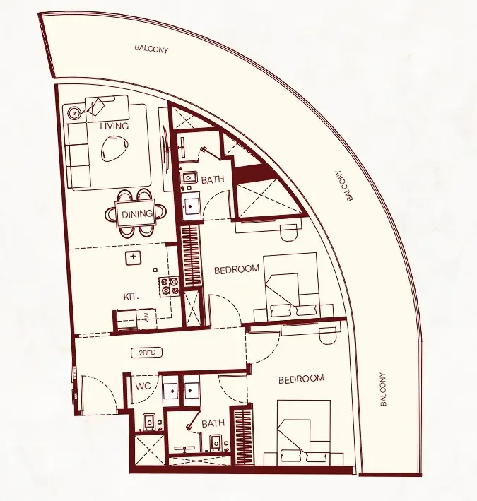 2 BR layout at Binghatti Skyflame