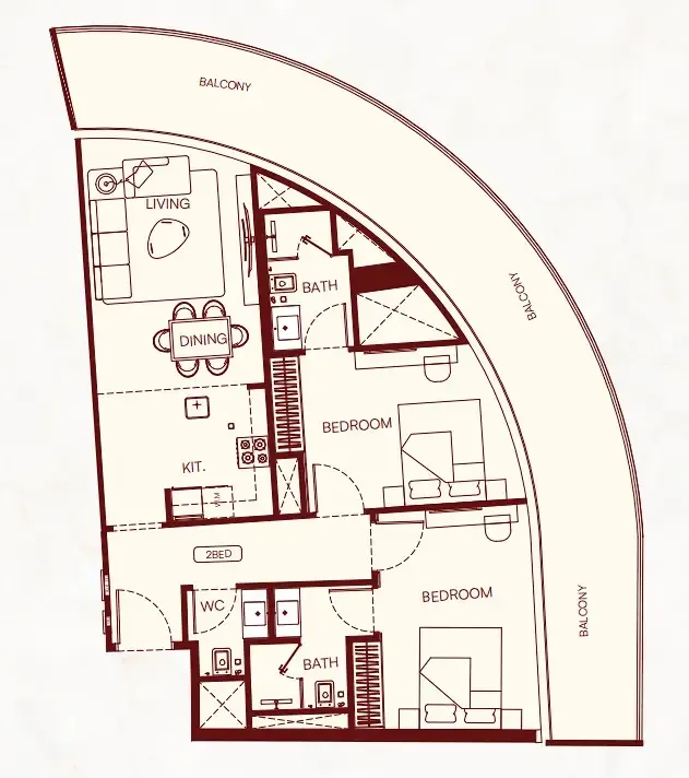 2 BR layout at Binghatti Skyflame