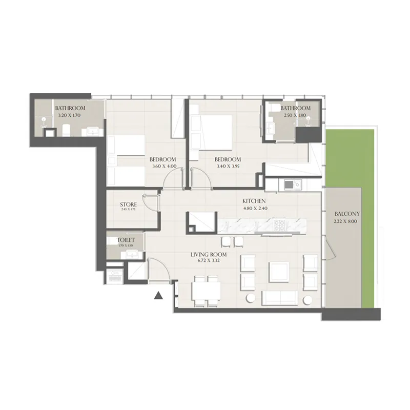 2 BR layout at Sapphire 32