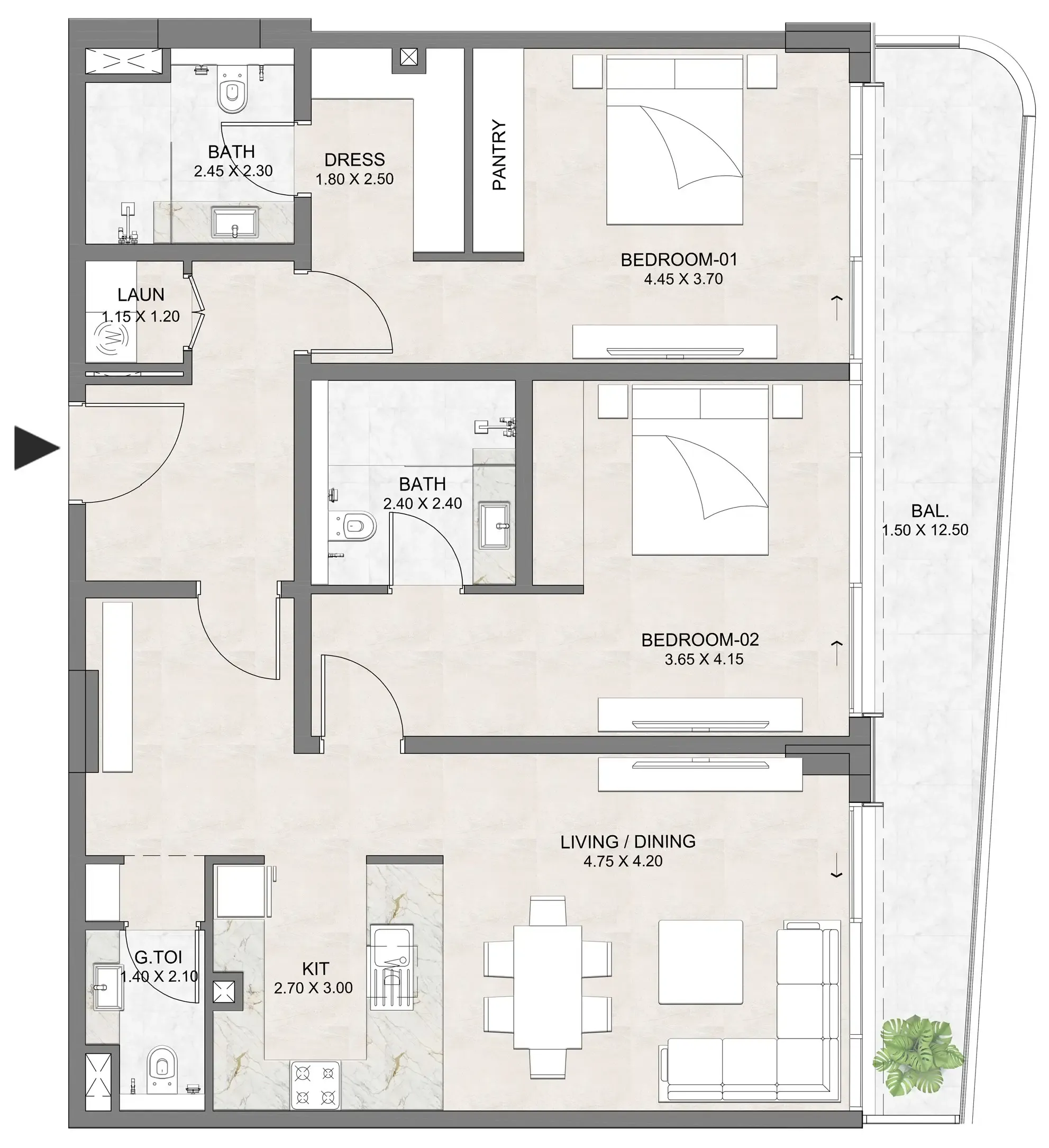 2 BR layout at Luzora Residence