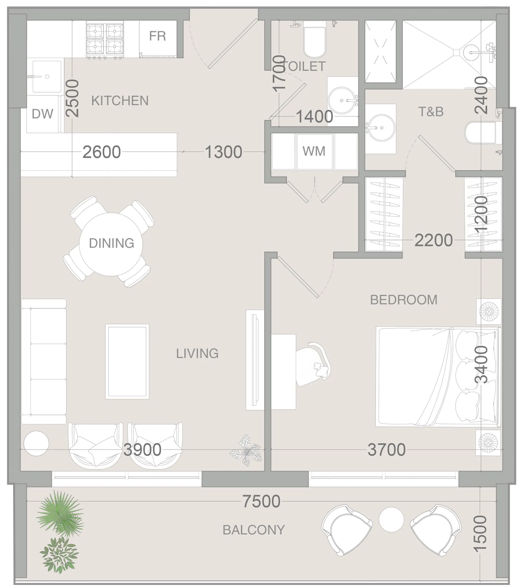 1 BR layout at VERDAN1A 3