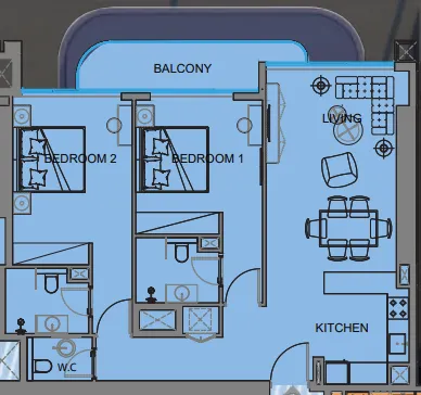 2 BR layout at Guzel Towers