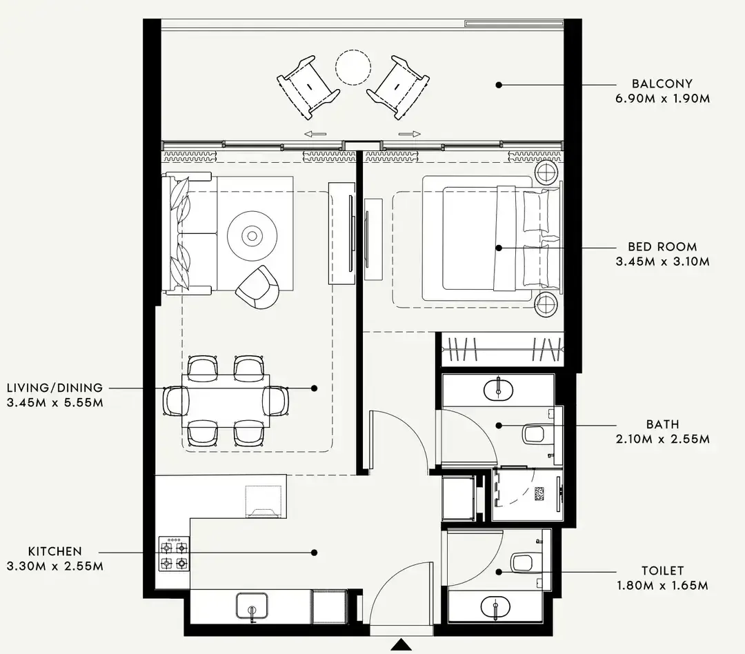 1 BR layout at Riviera 58